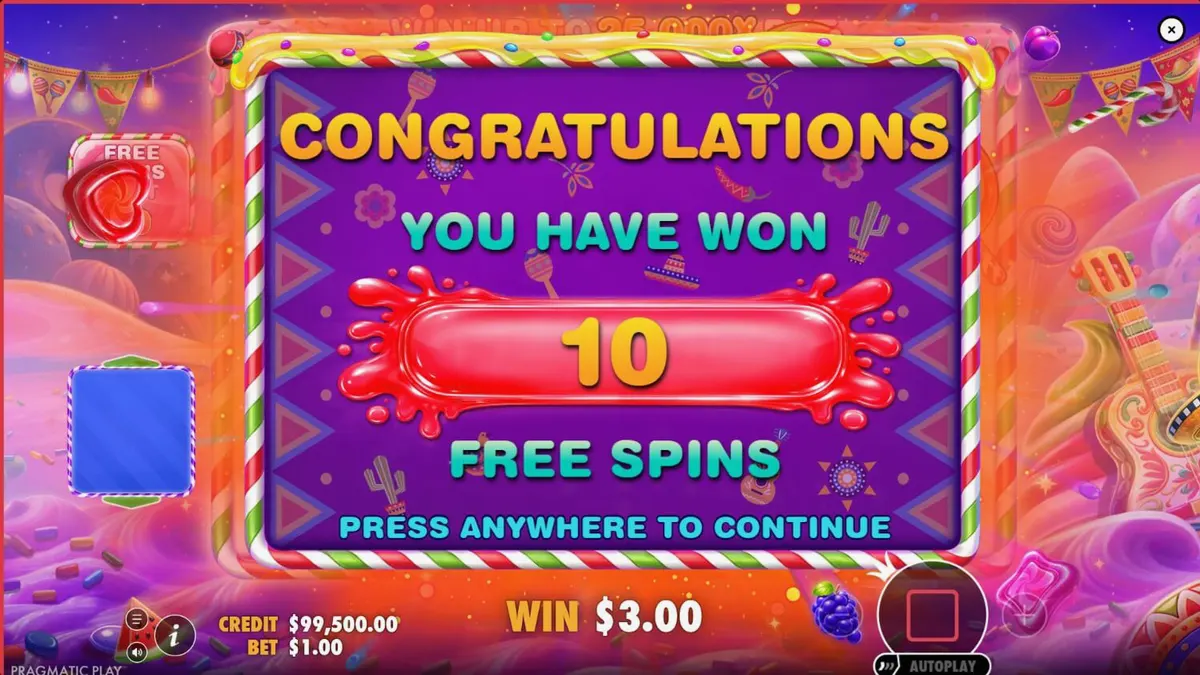 Makulay na disenyo ng Sweet Fiesta 1000 slot na may mga kendi at Mexican carnival theme elements.