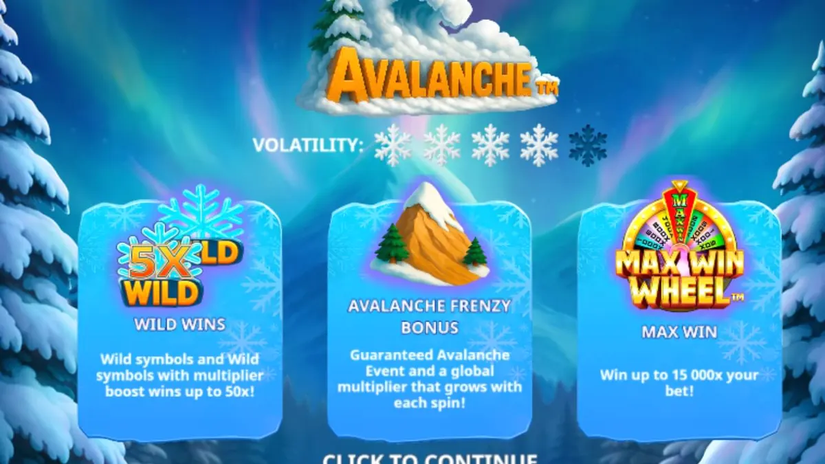 Isang makulay na eksena mula sa Avalanche slot na nagpapakita ng 5x5 grid sa gitna ng isang snowy mountain landscape.